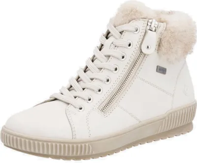 A single beige high-top sneaker with fur trim is shown against a white background.