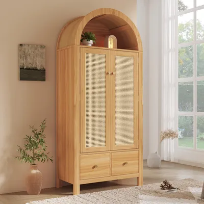 Image de Armoire Merax en rotin de forme arquée, armoire de chambre à coucher avec 2 portes et 2 tiroirs, tringle à vêtements, armoire de style cottage, couleur naturelle