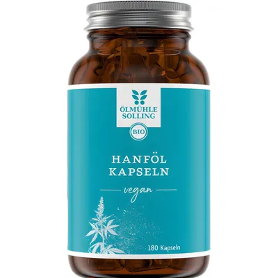 Produktbild von ÖLMÜHLE SOLLING Hanföl Kapseln – 180 Stück – natives kaltgepresstes Hanfsamenöl – Omega-3 & Omega-6 im Verhältnis 1:3 – vegan