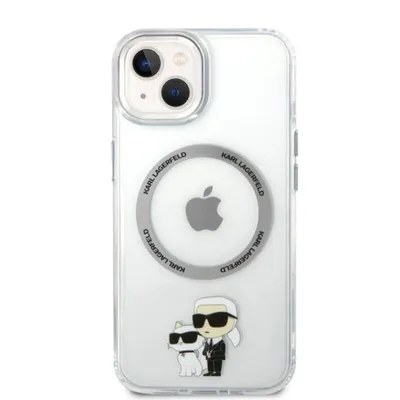 A clear, studio shot of an iPhone 15 case with a Karl Lagerfeld and Choupette design.