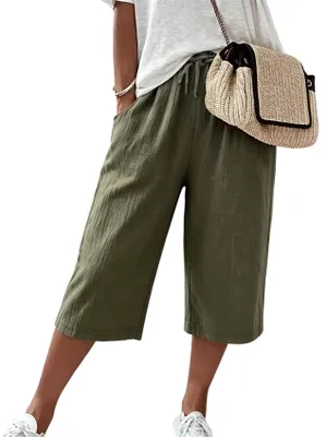 Produktbild von ASKSA Damen 3/4 Leinen Sommerhose Leicht Caprihose Bequeme Locker Hosen Freizeithose Strandhose mit Taschen Armeegruen XXL