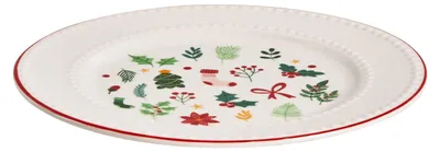 A white plate with a red rim decorated with various Christmas-themed illustrations.