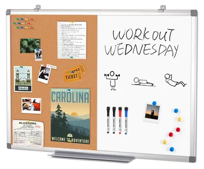 Produktbild von Whiteboard-Magnettafel und Pinnwand mit Korkoberfläche, Aluminiumrahmen, 90 x 60 cm