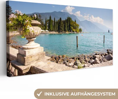 Produktbild von MuchoWow® - Leinwandbilder - Gardasee - Küste - Wasser, Wandbild, Wanddeko Bilder Wohnzimmer, 40x20 cm