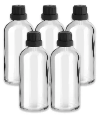 Produktbild von 5x Klarglasflasche 100 ml mit schwarzem Tropfer Tropfeinsatz 18/415