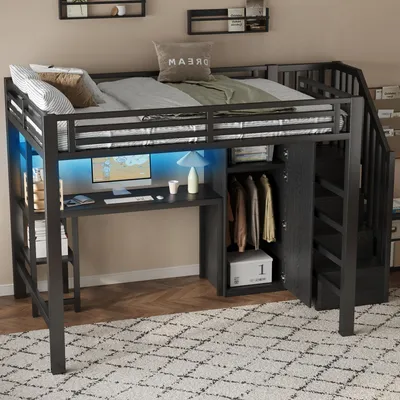 Produktbild von MODFU Hochbett 140x200cm Metallbett Bettgestell mit Schreibtisch und Regal,Jugendbett mit Kleiderschrank,mit Stauraumtreppe,ohne Matratze,Schwarz
