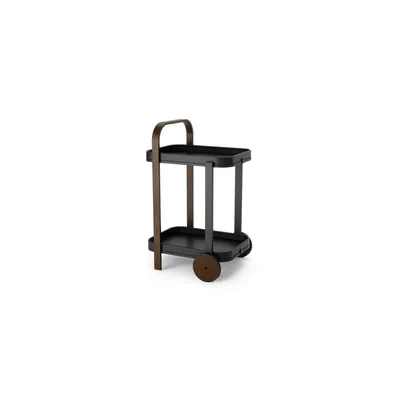 A black and wood serving cart on a white background.