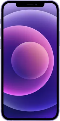 A close-up front view of an Apple iPhone 12 in violet, displaying its wallpaper.