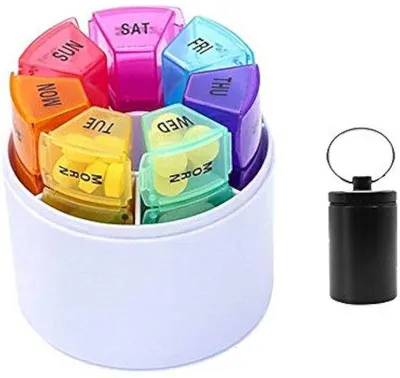 Imagen del producto de Caja de seguridad para medicamentos, juego de 7 días: dispensador de medicamentos redondo con collarilla con llave y sistema de compartimentos para medicamentos, pastillas y suplementos vitamínicos