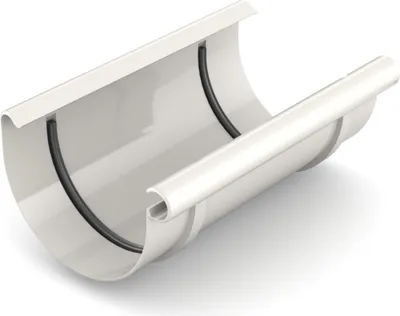 A white gutter connector with a black rubber seal.