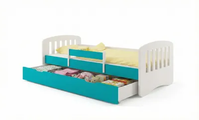Produktbild von Happy Babies Kinderbett - Mit Matratze & Schublade und Rausfallschutz, 80x160, Mädchen Kinderbetten & Jugendbett Jungen Kids Bed BLAU