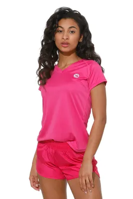 Produktbild von Damen Sportshirt kurzarm – Atmungsaktives Trainingsshirt mit V-Ausschnitt von Stark Soul®, Pink - M
