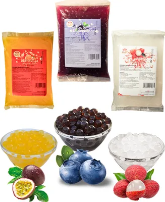 Produktbild von Bubble Tea Popping Boba Mix-3 x 600g Heidelbeer+Maracuja+Litschi Boba Fruchtperlen-Natur&Glutenfrei Perlen-Aktion: 1 Gratis 600g Packung