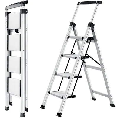 Obrázok produktu pre 4-stupňový rebrík, hliníkový rebrík s zábradlí, s odkladacím boxom na náradie, s protišmykovou úpravou