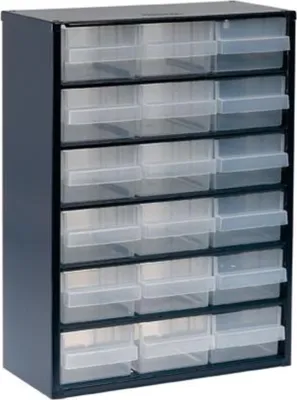 Produktbild von raaco Kleinteilemagazin Stahlmagazin 918-02 B.306xT.150xH.417mm 18Schubl. Stahlblech dkl.-blau/transp./Schubl.a.PP