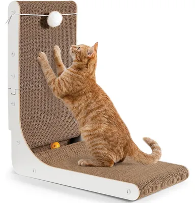 Image de Arbre à gratter en forme de L, en carton, de la marque Gimars Verdickter, de 47 cm de hauteur, avec une clochette, pour chat