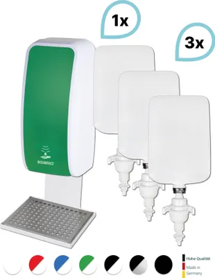 Produktbild von SET: Desinfektionsspender SENSOR Blanc Cosmos versch. Farben + Tischständer weiß +3x 1-Liter Hautdesinfektion : Farbe - Grün / Weiß Farbe: Grün / Weiß