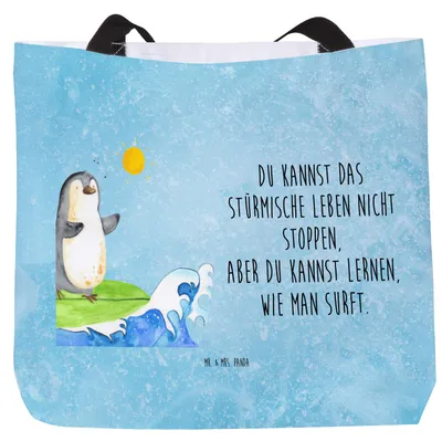 Produktbild von Mr. & Mrs. Panda Tote Bag Pinguin Surfer - Eisblau - Geschenk, Strandtasche, Motiviert, Urlaub, Hawaii, Tasche, Optimistisch, Reisetasche, Schultasche, Einkaufstasche