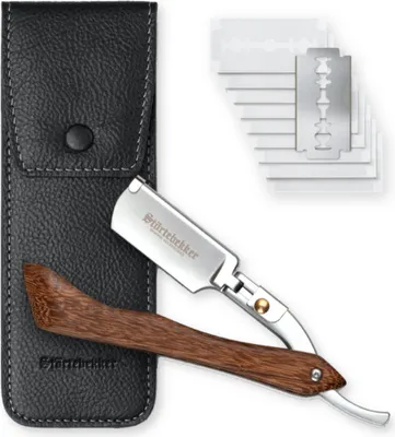 Immagine prodotto di Rasoio Störtebekker® con manico in legno e custodia in pelle fatta a mano (nero) - set da barba con 10 lamette, custodia da viaggio - rasoio a lame intercambiabili