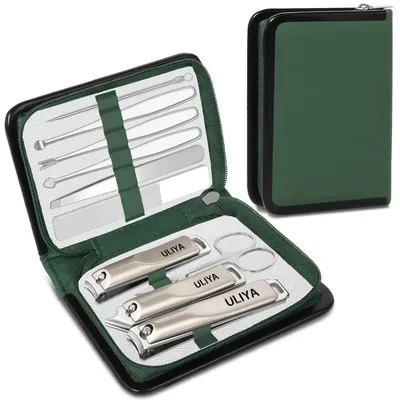 Image de Kit de manucure 10 pièces, acier inoxydable. Kit de pédicure vert avec sac de voyage