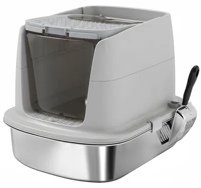 Produktbild von Katzentoilette Edelstahl, geschlossene Katzentoilette mit Schaufel, Geruchsbeutel, Einstieg Ausgang