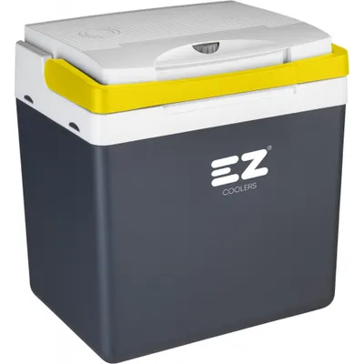 A gray and white cooler with a yellow accent is shown against a white background.