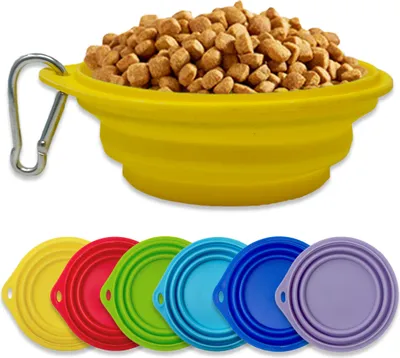 Produktbild von Silikon Napf Hunde Katze faltbar Hundenapf Reisenapf Trinknapf Wassernapf inkl. Karabinerhaken Gelb