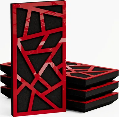 A stack of acoustic panels with a red geometric pattern on a black background, presented on a white surface.