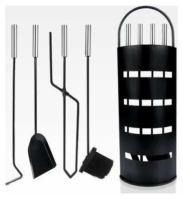 Produktbild von Kaminbesteck aus Edelstahl, 5-teiliges Set mit Zubehör für den Kamin, inklusive Besen, Schaufel, Schürhaken, Zange und Ständer mit Sichtschutz, Schwarz
