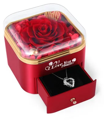 Konservierte Rose mit Herz-Halskette, rot, 12,4x11,4x10,5 cm