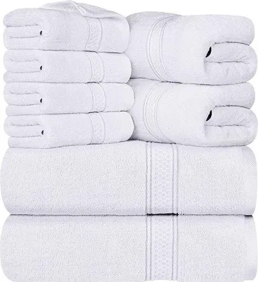 Obrázok produktu pre Sada 8 kúskov ručníkov Unyqoos® vyrobená zo 100% ringlisovanej bavlny – 2 veľké osušky (69 x 137 cm), 2 ručníky (41 x 71 cm), 4 umývacie utierky (30 x 30 cm)