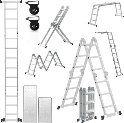 Obrázek produktu pro Hengda 6 v 1 žebřík Víceúčelový žebřík Hliníkový kloubový žebřík Skládací žebřík 360 cm Multifunkční žebřík Hliníkový žebřík s plošinou do 150 kg 4 X 3 stupně Stříbrný