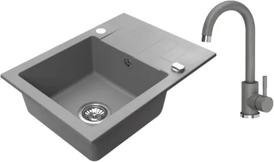 Productafbeelding van VBChome granieten spoelbak, 59 x 44 cm, grijs, met kraan, enkelvoudig bassin, inbouwspoelbak, omkeerbaar, gespikkeld. Onderhoudsvriendelijke spoelbak met sifon