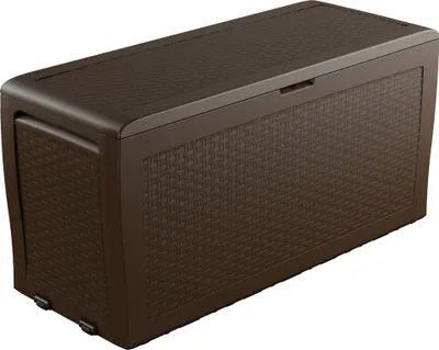 A brown outdoor storage box with a rattan-like texture.