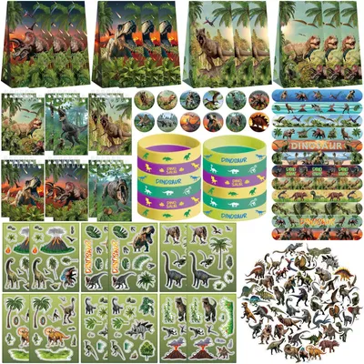 Productafbeelding van Dinosaurus feestaccessoires cadeauzakjes, stickers, badges, armbanden