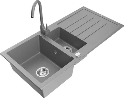 Produktbild von Mexen Andres 1,5-Becken-Granitspüle mit Abtropffläche und Mischbatterie Telma, Grau - 6515-71-670200-71