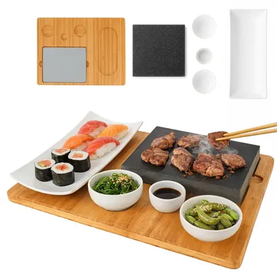 Produktbild von Lavastein Steakbrett, Servierplatte, Bambusbrett mit Hot Stone Grill, Steak Grillplatte, Steinplatte, Tischgrill Grill Set