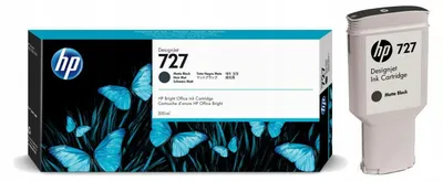 Zdjęcie produktu dla HP Czarny matowy wkład atramentowy 727 DesignJet 300 ml, Drukarki HP DesignJet seria T920, drukarki HP DesignJet seria T1500, drukarki HP DesignJet serii..., Termiczny druk atramentowy, Czarny, C1Q12A, Singapur, 283 mm