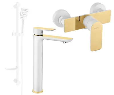 Image de Alfa DF62 Ensemble de mitigeurs de lavabo et de douche avec accessoires, blanc/or (745714DF62-25)