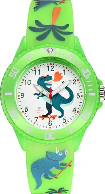 Produktbild von Alienwork Kids Dino T-Rex Lernuhr Kinderuhr Jungen Mädchen Grün Silikon-Armband Kinder-Uhr Wasserdicht 5 ATM Zeit Lernen