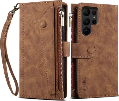Produktbild von Schutzhülle für Samsung Galaxy S23 Ultra Reißverschluss Hülle, Leder Klapphülle Kartenfach Standfunktion Brieftasche mit Trageband Braun