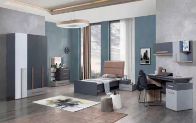 Produktbild von Jugendzimmer Bett Kleiderschrank Kommode Schreibtisch Kleiderschrank 5 tlg Set