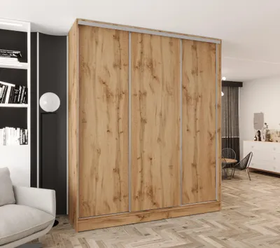 Produktbild von Schwebetürenschrank 3-türig 160x250x58 cm Eiche Wotan mit 2 Schubladen – Moderner Kleiderschrank für Schlafzimmer und Flur
