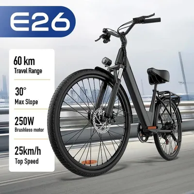Image de Vélo électrique de ville - E26 - Batterie au lithium 48 V - Moteur sans balais 250 W - Roues de 66 cm - Autonomie de plus de 60 km - Vitesse max. 25 km/h - Cadre en acier - Noir