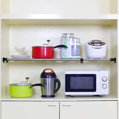 Image de Étagère extensible avec barre de tension réglable, idéale pour les placards et les cuisines