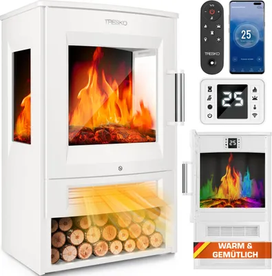 Zdjęcie produktu dla Kominek elektryczny TRESKO® z ogrzewaniem wraz z pilotem zdalnego sterowania i aplikacją WiFi | kominek elektryczny 1800W LED efekt płomienia tryby kolorów | kominek termostat ognia, timer | kominek elektryczny piec wolnostojący kominek 2 poziomy ogrzewania