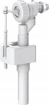A white toilet fill valve is shown against a white background.