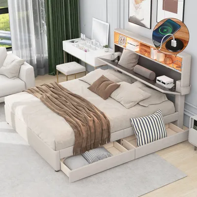 Produktbild von Flieks Polsterbett 140x200cm mit USB, Doppelbett mit 2 Schubladen, Stauraumbett Jugendbett mit LED, Holzbett mit Lattenrost, Leinen, Beige