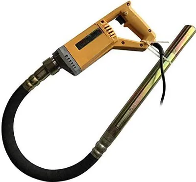 A yellow and silver electric concrete vibrator with a black hose is shown against a white background.