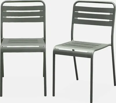 Two identical grey metal garden chairs are shown against a white background.